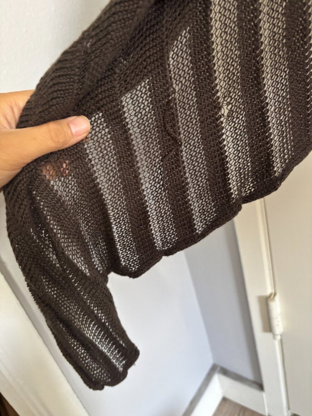 Deep Brown Hand Loomed Open Knit Made in Peru Longline Hooded Cardigan - Picture 7 of 13